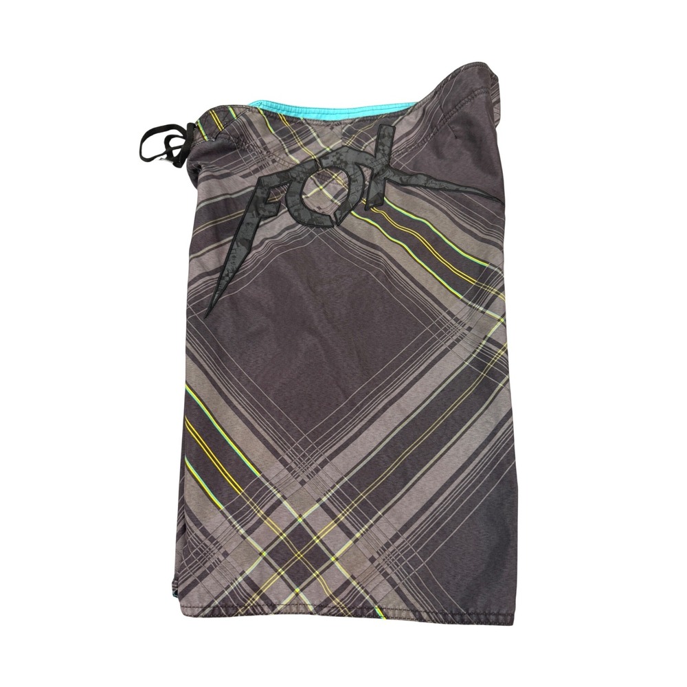Fox Racing Mens Plaid Board Shorts Size 34 Gray Neon Green Cargo Pocket Swimwear